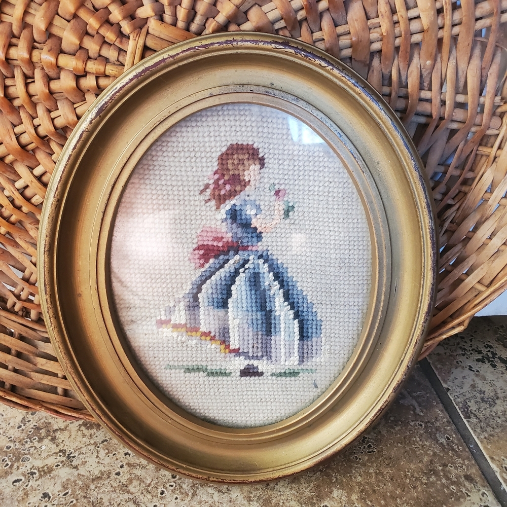 Vintage cross stitch little girl portrait